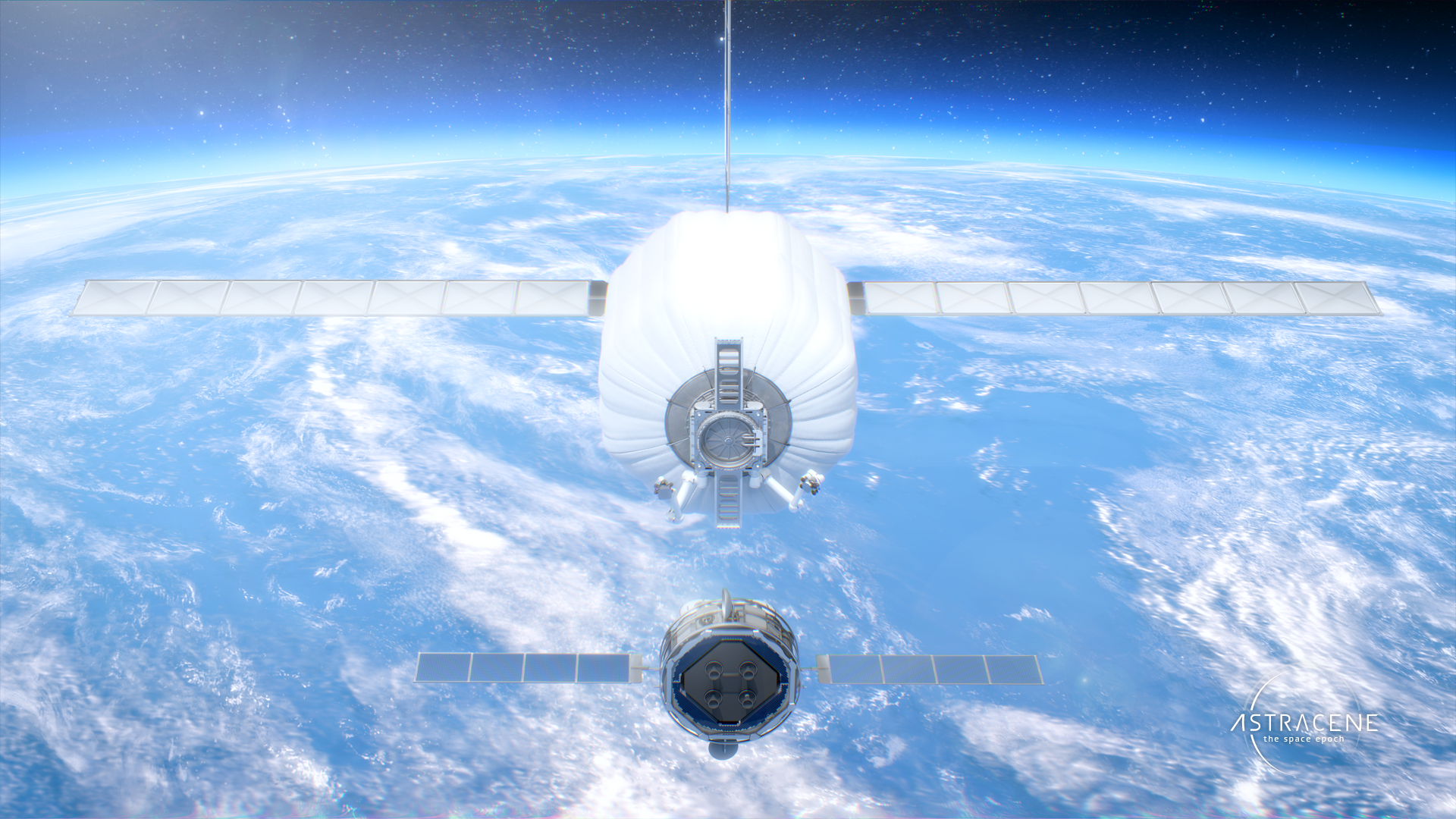 Artist's rendering of Earthshine Robotic, a space platform with hull, radiators, solar panels and robotic arms and payload about to RPO with the platform in low Earth orbit.